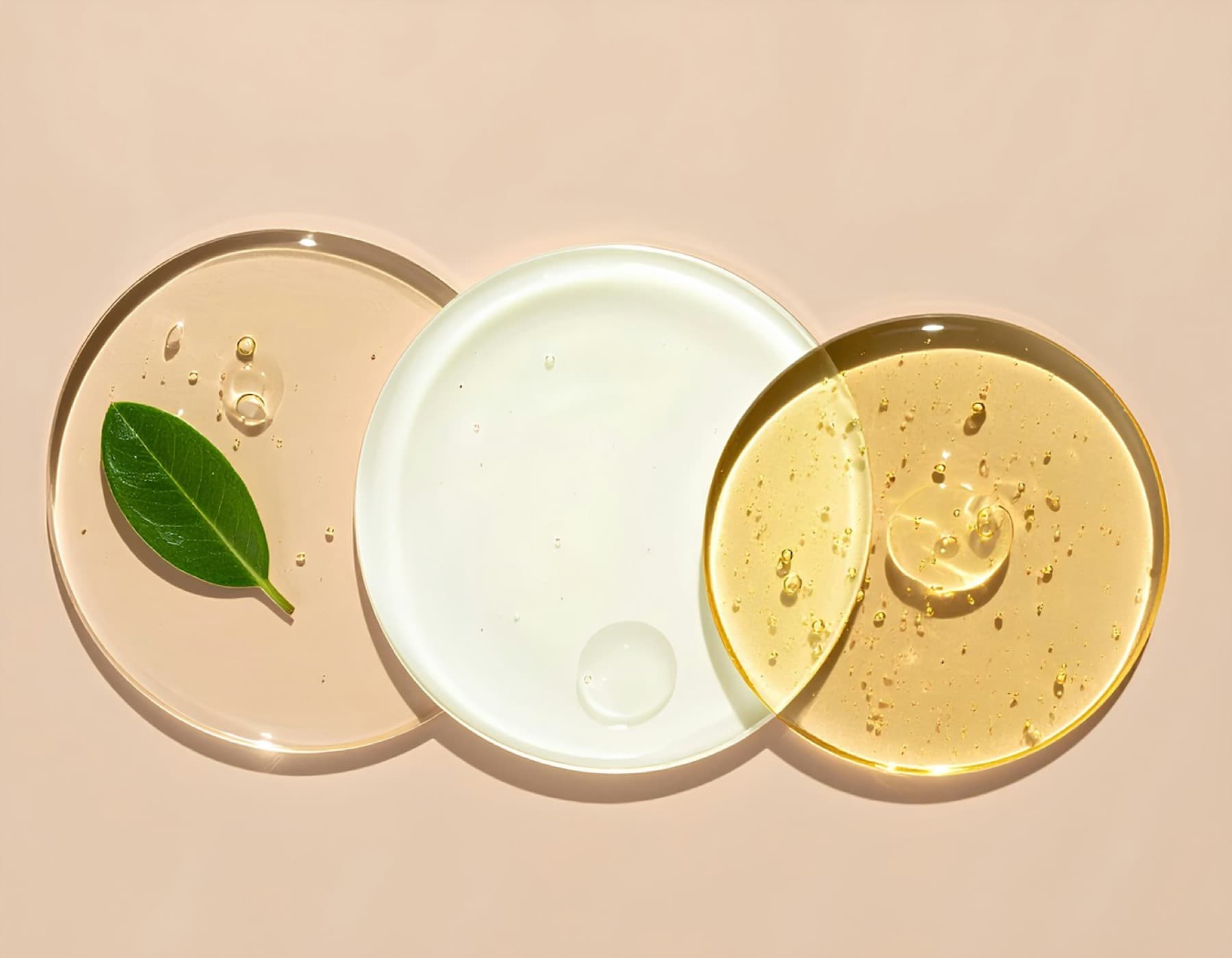 Two overlapping glass dishes of clear gel and pale cream on a beige ground, lit from above.