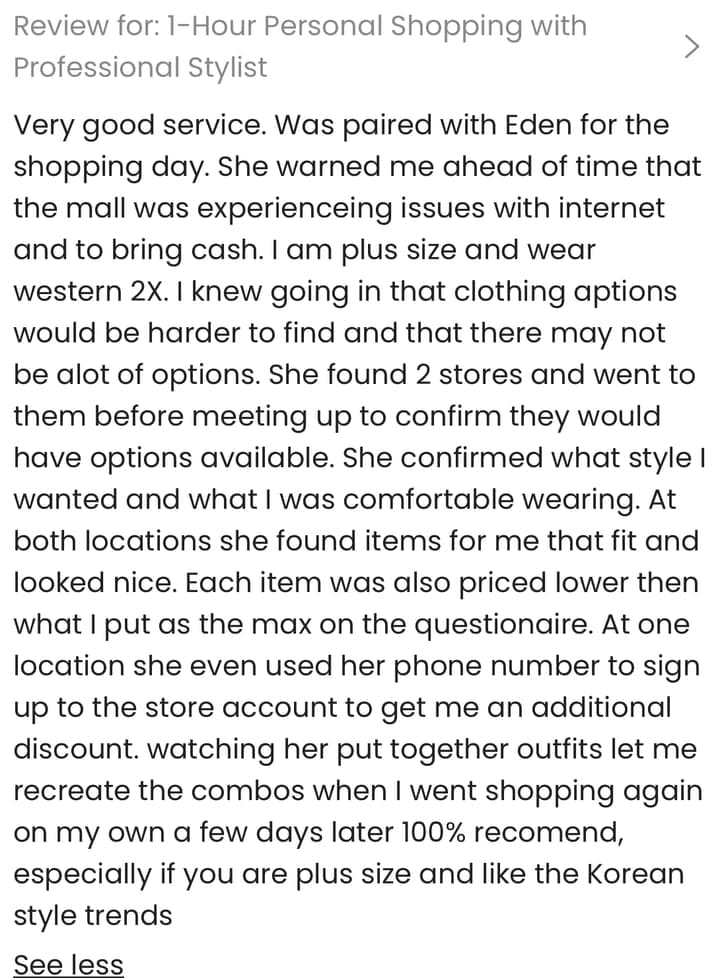 “She found 2 stores and went to them before meeting up to confirm they would have options available.”