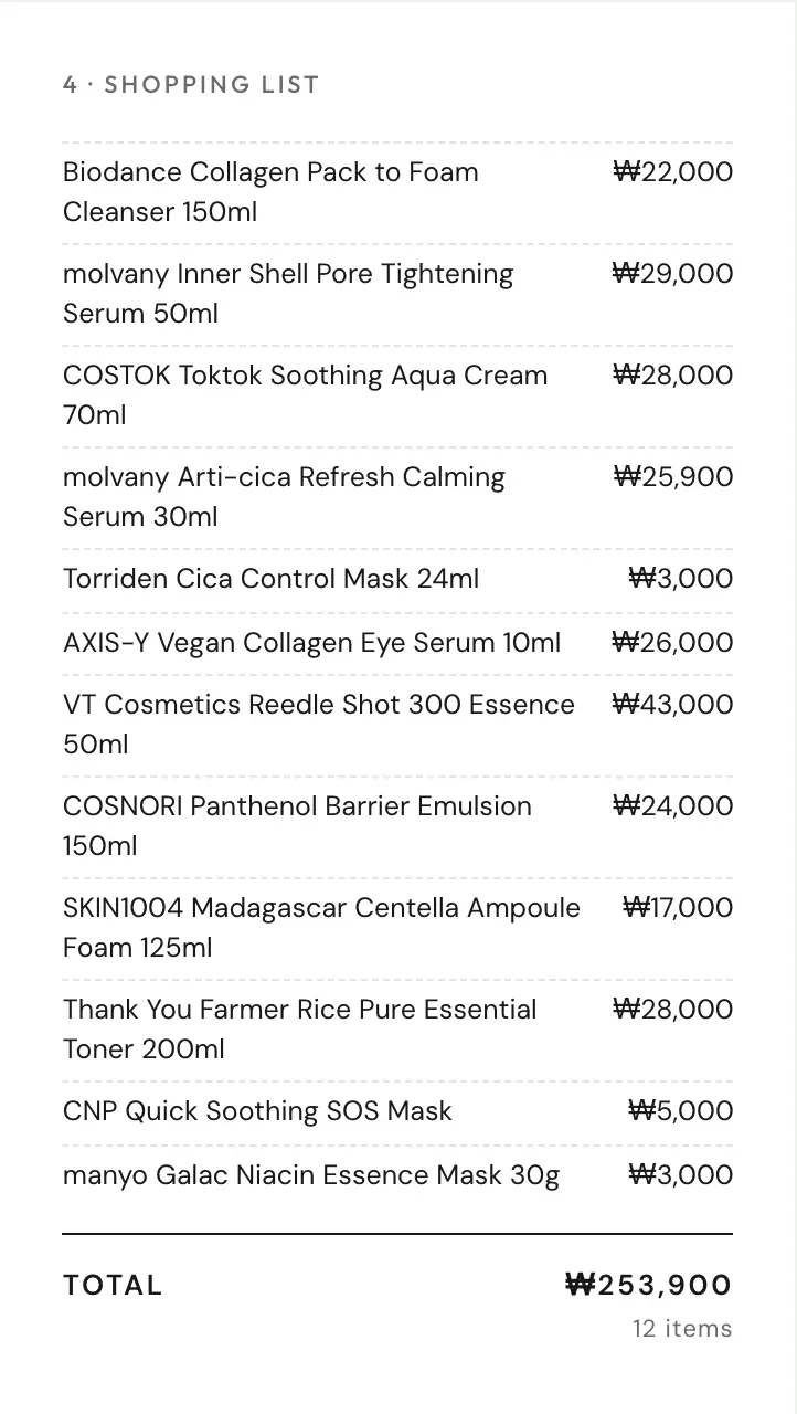The shopping list card of an example plan: 12 products, each with its price in won, and a total of ₩253,900.